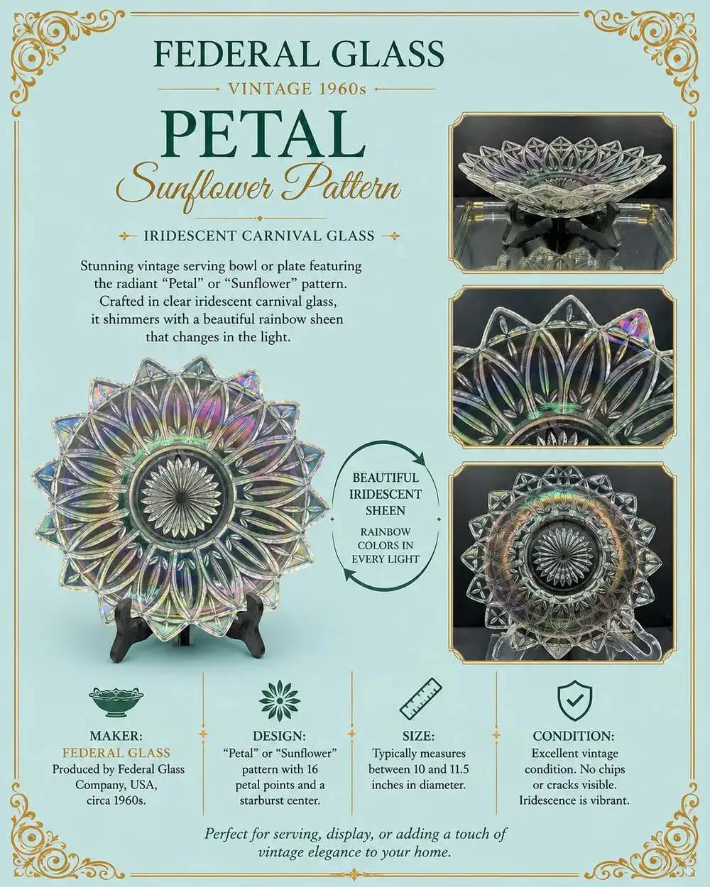 Vintage 1960s Federal Glass Petal Sunflower Pattern Iridescent Carnival Glass Se